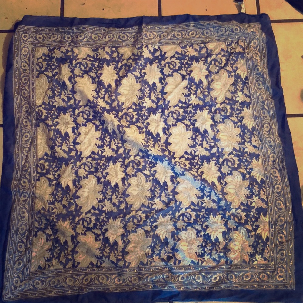34” square blue, white floral cotton handkerchief